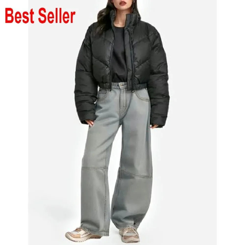 Cropped Puffer Jacket Quilted Lightweight Winter Warm Zip Up Stand Collar